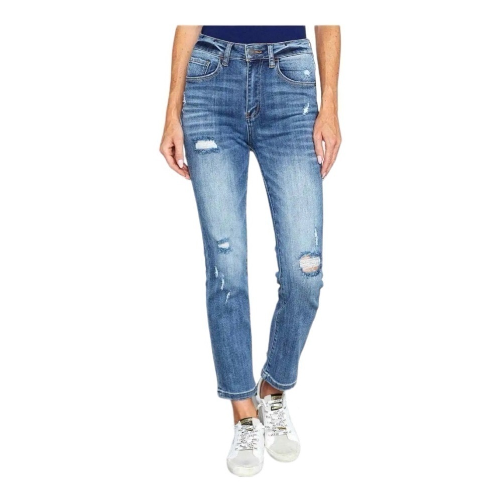 Risen Jeans Womens Straight Leg Distressed Raw Hem High Rise Stretch 11/30